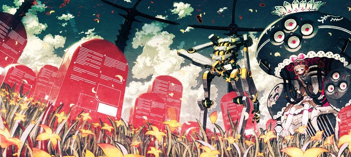 anime, robot, artwork, Pixiv, machine, plants, flowers