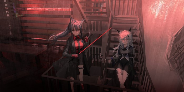 4K, Arknights, Chihuri 45, Lappland (Arknights), animal ears, anime, anime girls, smoking, Texas (Arknights)
