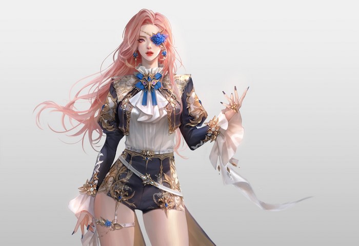 pink hair, white background, Asian, ArtStation, standing, simple background, painted nails, long hair, artwork, red lipstick, women, looking at viewer