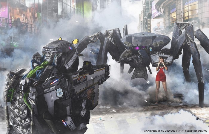 police, women, crabs, Jiang Geping, smoke background