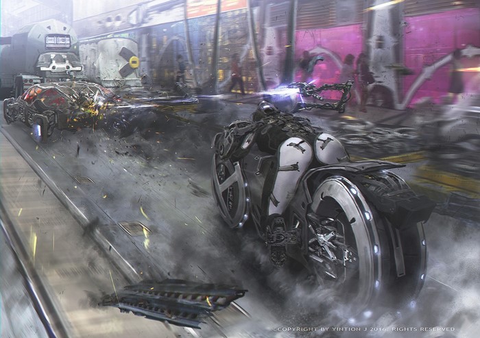 Black Motorcycles, motorcycle, Jiang Geping, artwork, vehicle