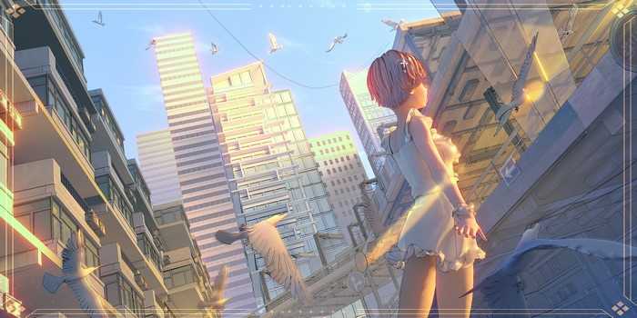 Jiang Geping, clear sky, dress, dove, women, city, sunlight