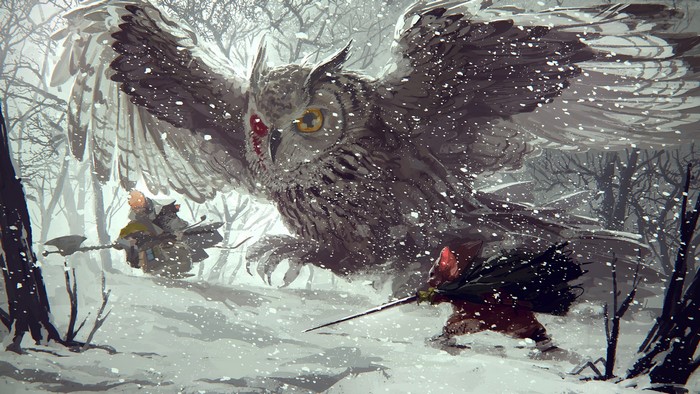 digital art, trees, forest, sword, winter, snow, fantasy art, owl, mice