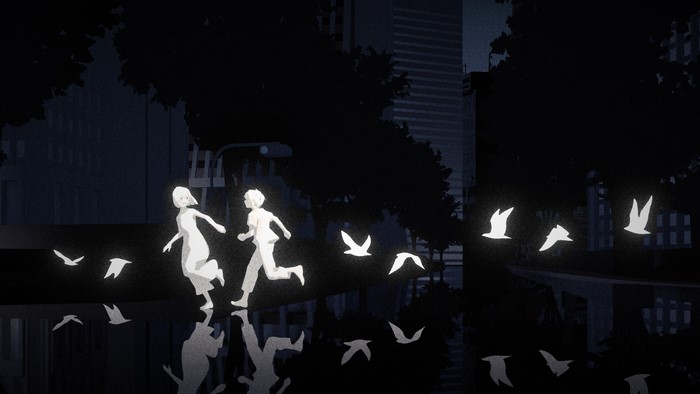 birds, street, city, trees, road, short hair, running, anime girls, anime boys, anime, monochrome, mirrored