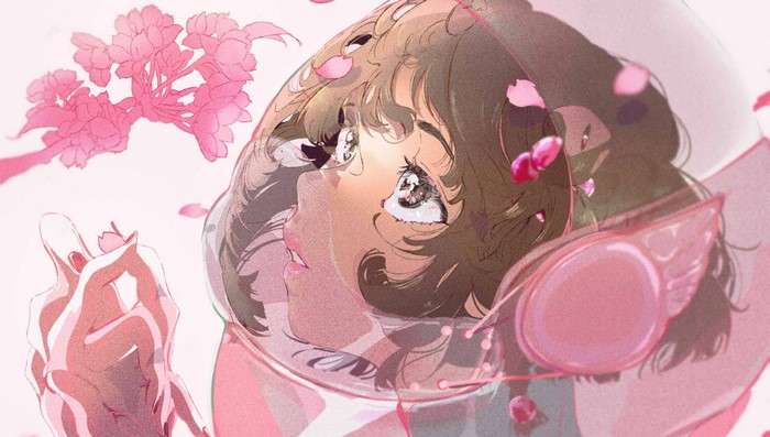 original characters, bangs, messy hair, anime, pink nails, brunette, cherry blossom, pink lipstick, parted lips, pink flowers, space suit, short hair, hands, 2D, long nails, simple background, anime girls, black eyes, looking away