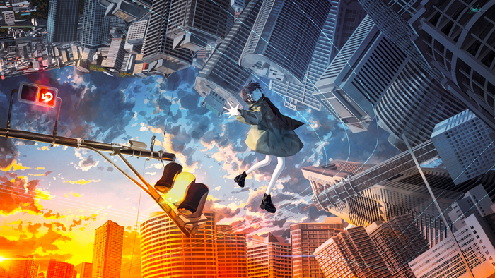 4K, Banishment, clouds, cityscape, original characters, anime girls