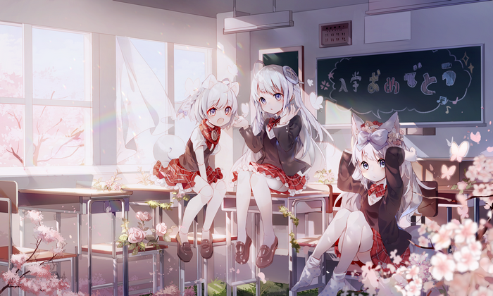 4K, animal ears, original characters, stockings, anime girls, schoolgirl, anime