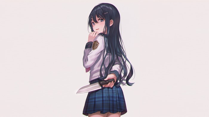 schoolgirl uniform, anime, knife, blush, skirt