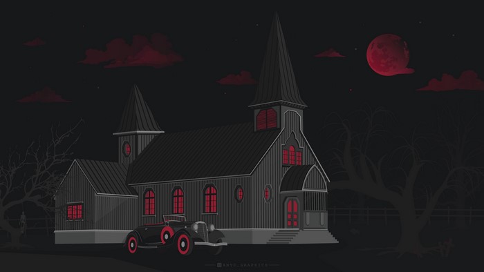 4K, neon, vintage, forest, house, Vintage car, mansion, dark, pigs, red, fence, castle, automotive, horror, dark background, Blood moon, antographics, silhouette, Moon Castle, digital, Haunted Mansion, illustration, trees, cross, skeleton