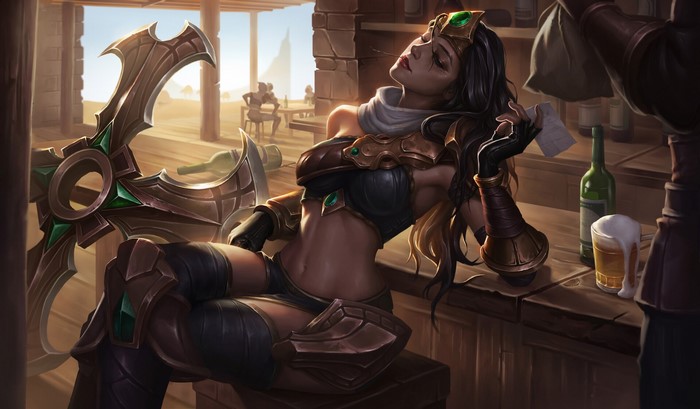 long hair, belly, beer, fantasy girl, ArtStation, artwork, sitting, fantasy art, Sivir (League of Legends), closed eyes, red lipstick, League of Legends, dark hair, women