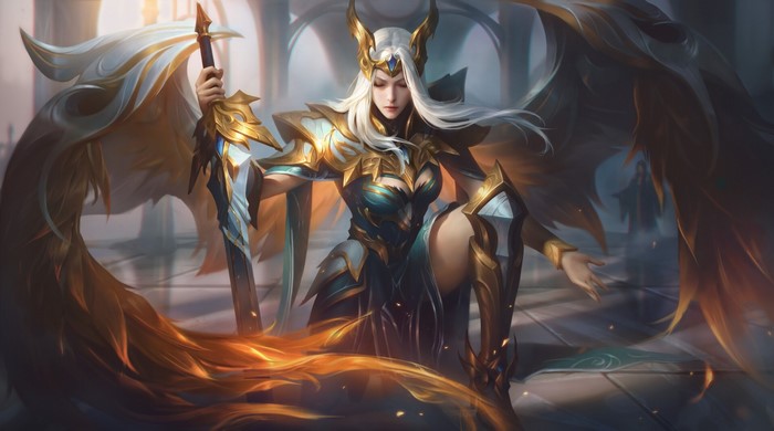 artwork, fantasy art, fantasy girl, kneeling, women, League of Legends, sword, girls with swords, ArtStation