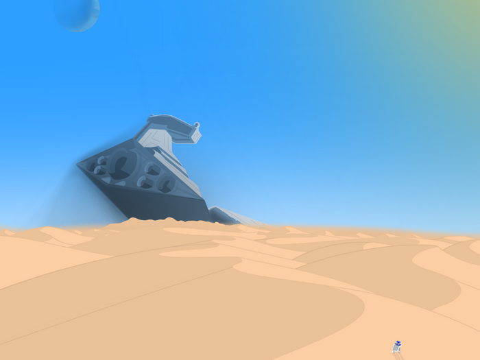 landscape, desert, Star Destroyer, drawing, R2-D2, Star Wars Ships, Star Wars