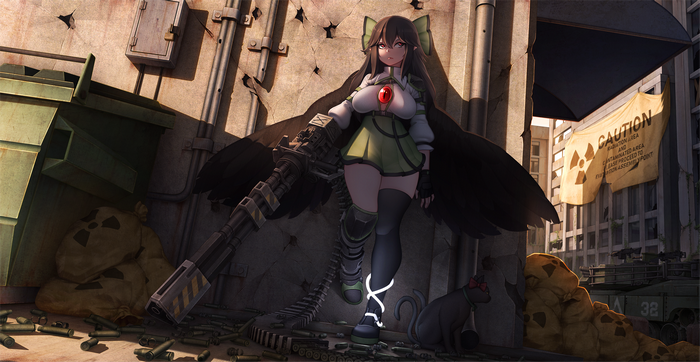 Mochi (artist), anime girls, gun, Touhou