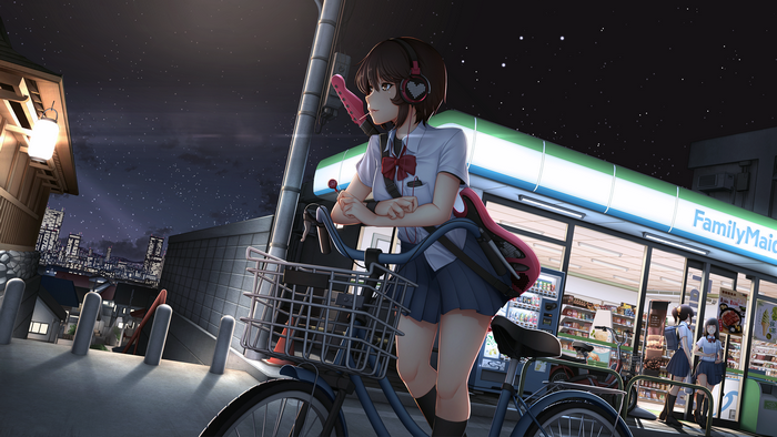 city, schoolgirl, Mochi (artist)