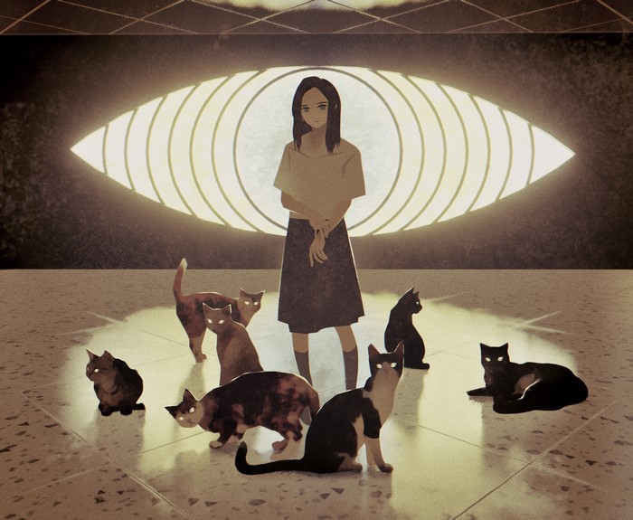 cats, looking at viewer, shoulder length hair, anime, anime girls, blue eyes, dark hair, eyes