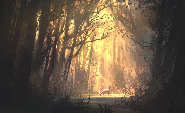 4K, trees, drawing, David Frasheski, landscape, digital art, artwork, sunlight, forest, deer, sun rays, ArtStation