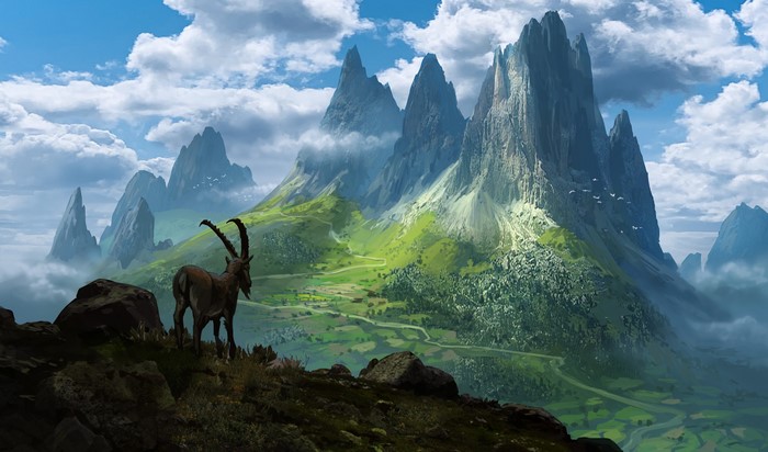 4K, rocks, ArtStation, goat, clouds, digital art, drawing, landscape, artwork, David Frasheski, goats