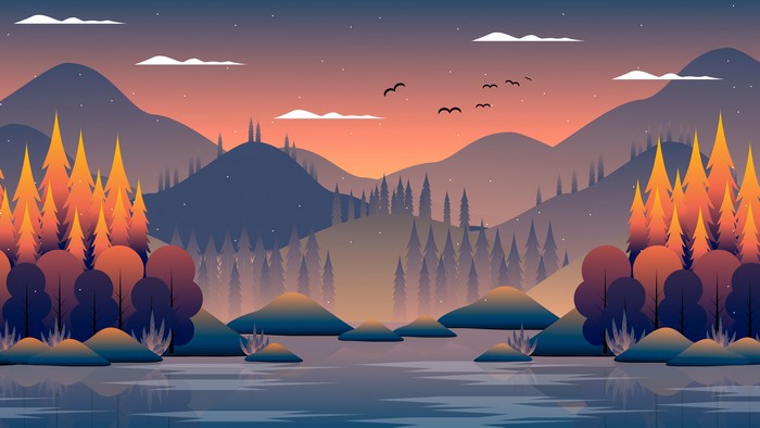 4K, forest, minimalism, clouds, lake, wood, trees, digital art, birds, calm, mountains, digital