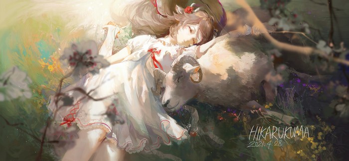 4K, brunette, Arknights, closed eyes, anime, white dress, fantasy girl, dress, anime girls, mammals, 2021 (Year), Eyjafjalla(Arknights), goat, fantasy art, animals