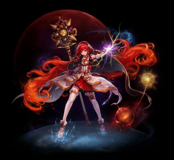 red eyes, white stockings, redhead, dress, Dungeon & Fighter, Dungeon and Fighter, stockings, magic, staff, fantasy art, pointy ears, fantasy girl, anime girls, anime
