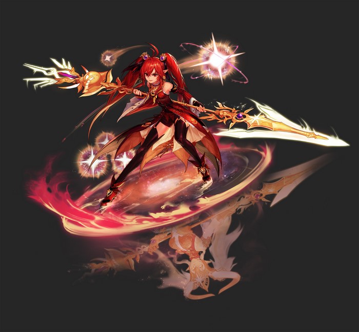 black background, Dungeon & Fighter, fantasy art, simple background, redhead, Dungeon and Fighter, fantasy girl, anime, weapon, long hair, anime girls, pointy ears