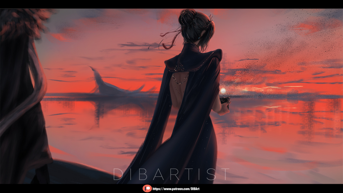 DIBARTIST, digital art, landscape, lake, fantasy girl, sunset