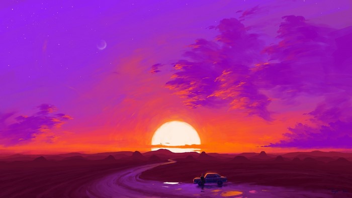 sunset, car, artwork, landscape, BisBiswas, digital painting