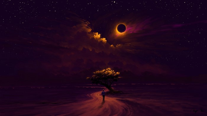 trees, landscape, glowing, night, men, BisBiswas, nature, paint brushes, clouds, eclipse, path, DeviantArt, digital painting, digital art