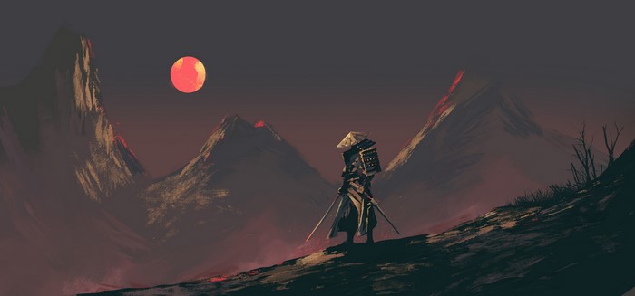 4K, mountains, samurai, sky, starry night, digital art, landscape, ArtStation, artwork, Xavier Cuenca