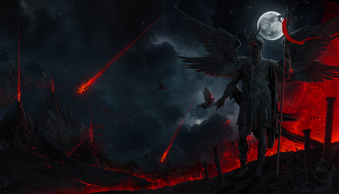 spear, Photoshop, wings, armor, birds, fire, meteorite, digital art, pillar, lava, smoke, night, volcano, dark, glowing, horns, men, Moon, asteroid, skull