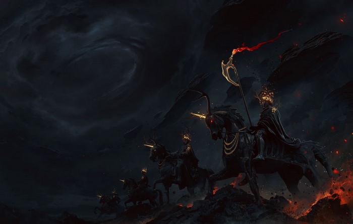 Axe (Dota 2), horns, glowing, fire, rocks, night, Photoshop, men, digital art, dark, horseman