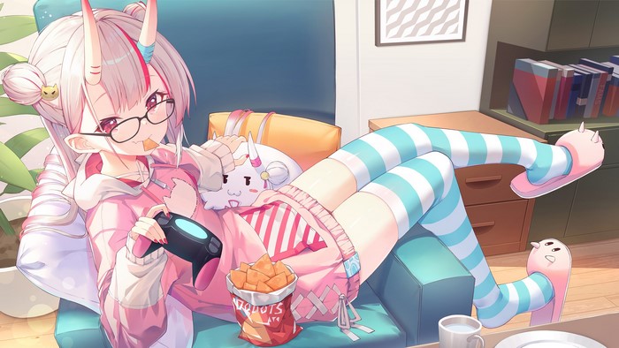 horns, anime girls, anime, Hololive, lying on couch, Nakiri Ayame, stockings, striped stockings, controllers, Virtual Youtuber, slippers, glasses