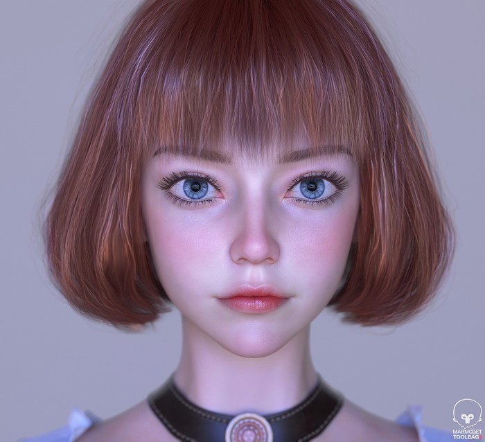 face, CGI, women, portrait, blush, simple background, bangs, short hair, blue eyes, brunette, choker, looking at viewer, wang chen