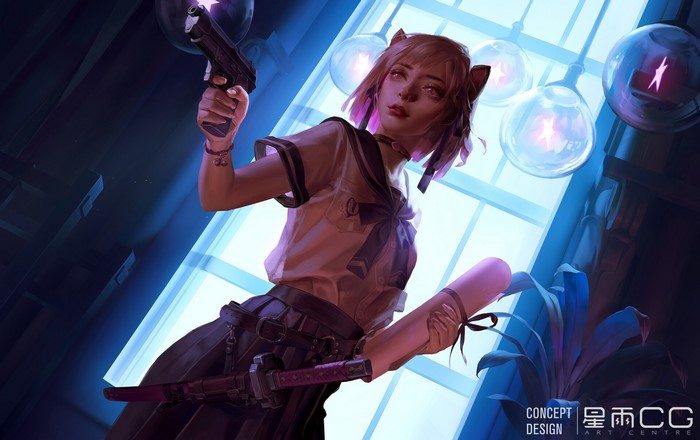 pink hair, fantasy art, school uniform, sword, katana, artwork, cat ears, gun, women