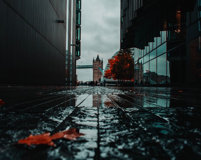 rain, fall, London, wet, city, Tower Bridge, cobblestone