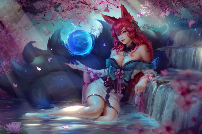 4K, video games, video game art, water, League of Legends, fan art, animal ears, wet, illustration, Ahri (League of Legends), spirit blossom, digital art, women, Zarory, drawing, artwork, video game girls, legs, flowers, fantasy art, video game characters, fantasy girl, pink hair