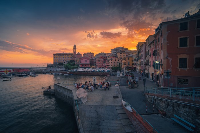 photography, people, architecture, Nervi, sunset, warm light, clouds, Andrey Ozherelev, cityscape, water, urban, outdoors, city, Genoa, Italian, sky