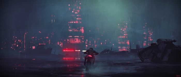 4K, cityscape, puddle, bikes, dark, artwork, environment, digital art, ship