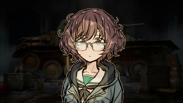 Girls und Panzer, Akiyama Yukari, women, hangar, glasses, blurred, messy hair, tank, brunette, face, military, brown eyes, blurry background