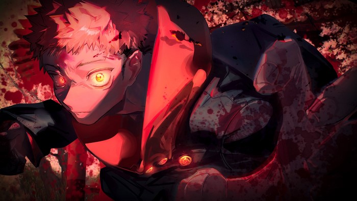 Jujutsu Kaisen, eyes, Yuji Itadori, blood, Jujutsukaisen, anime boys, blood spatter, face, orange eyes, school, redhead