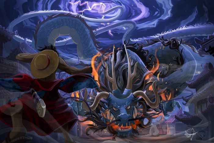 Monkey D. Luffy Facing Kaidou's Chinese Dragon