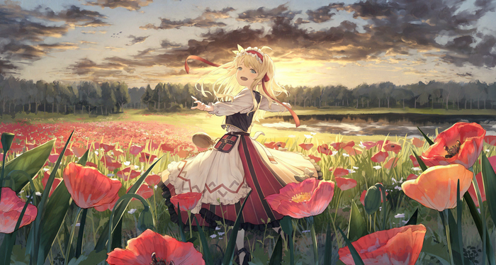 landscape, red flowers, anime girls, Bionekojita, field, sunset, women