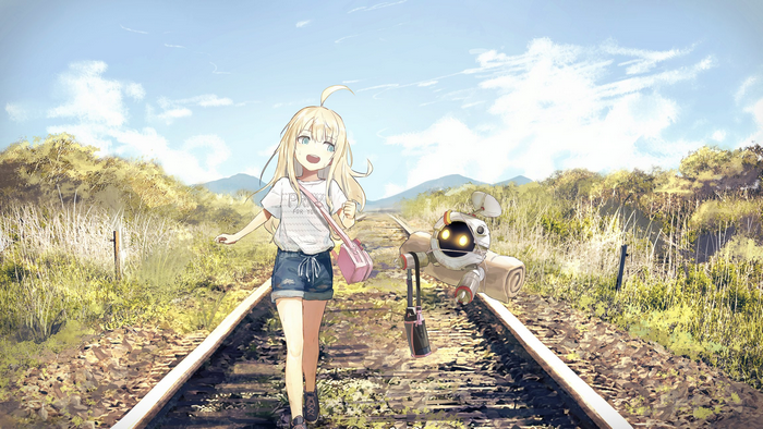drone, Bionekojita, railway, original characters, anime girls, Discovery