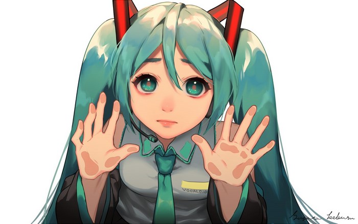 Hatsume Miku, hands, Vocaloid, face, white background, anime girls, green eyes, green hair, long hair, looking at viewer, tie, anime
