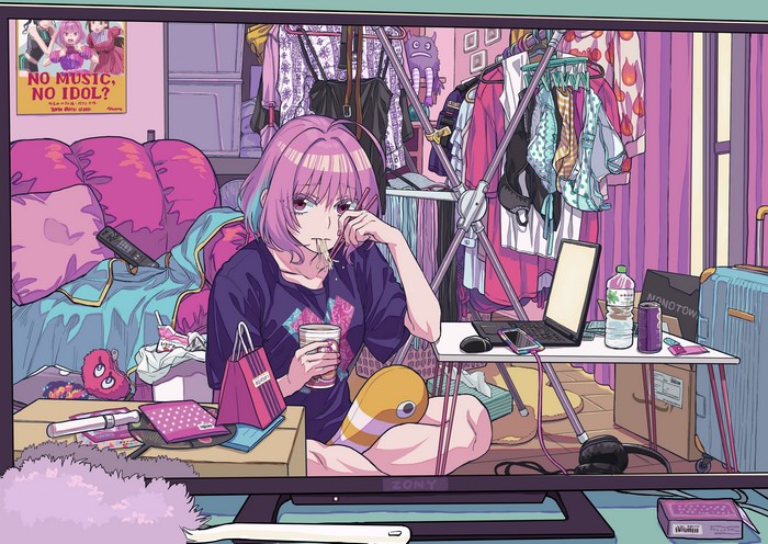 smartphone, anime, napkin, notebooks, laptop, clothes, THE, hand fan, anime girls, short hair, boxes, pink eyes, women, anime girls eating, noodles, headphones, Riamu Yumemi, pink hair, eating