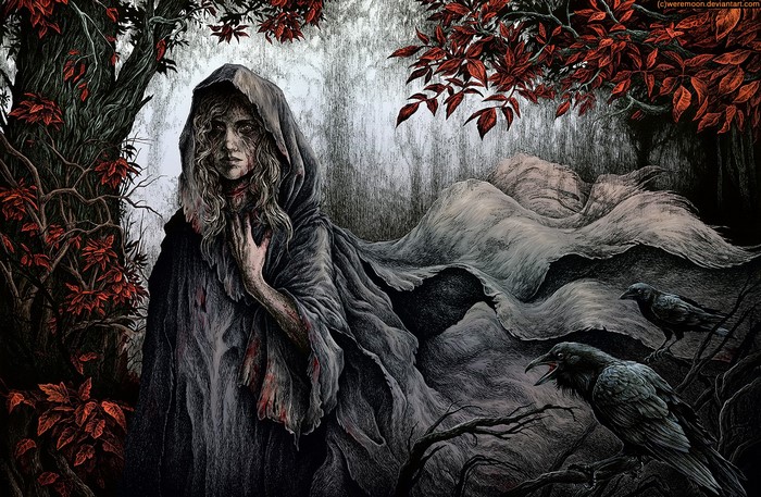 crow, scars, blonde, A Song of Ice and Fire, fantasy art, blood, fantasy girl, Lady StoneHeart, long hair, forest, Weirwood Tree, trees, women