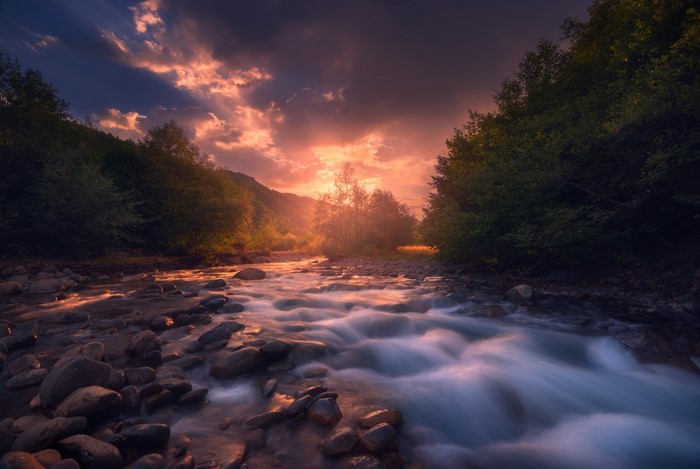 water, sozel, trees, nature, stream, sunset, photography, clouds, rocks, outdoors