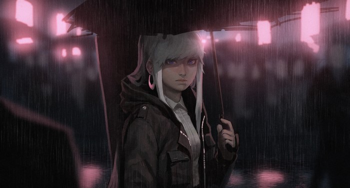 rain, blue eyes, umbrella, blonde, face, anime, looking at viewer, anime girls, jacket, earrings, city lights, long hair