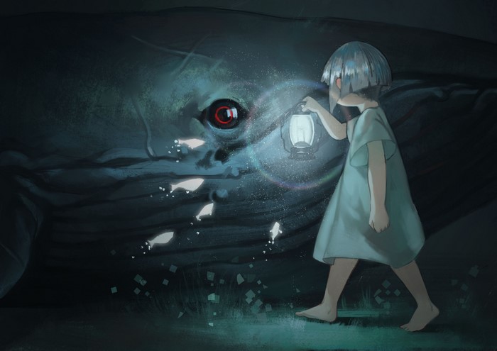 lantern, blue hair, whale, anime girls, short hair, anime, fish