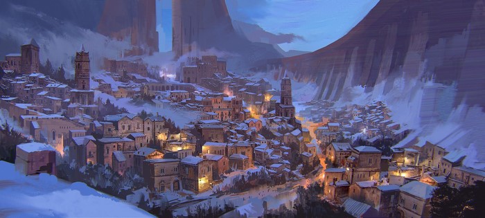 artwork, digital art, cityscape, mountains